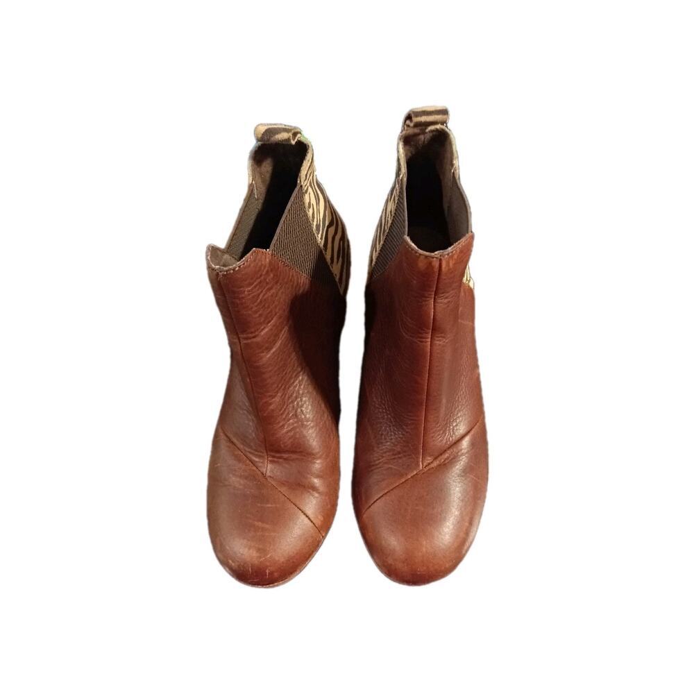 Toms 7 Brown Chunky Wedge Zebra Print Booties Ankle Boots KELSEY Leather